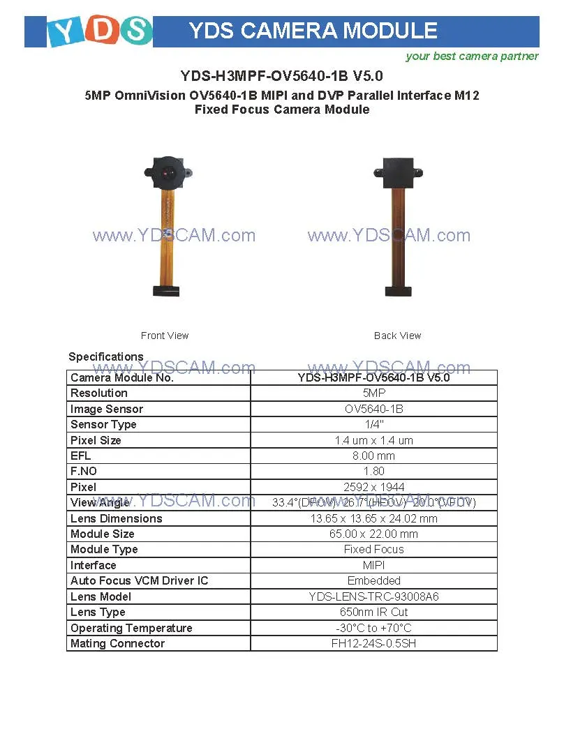 Yds-H3mpf-Ov5640-1b V5.0 5MP Ov5640-1b Mipi and Dvp Parallel Interface M12 Fixed Focus Camera Module