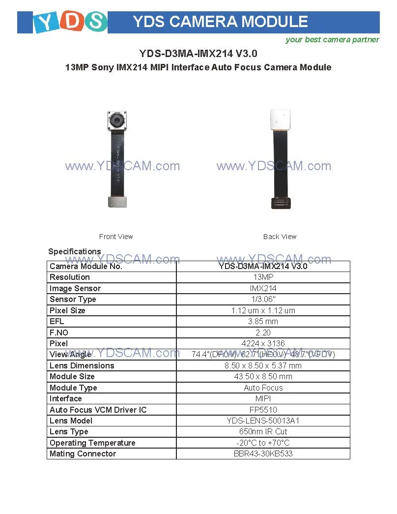 Yds-D3ma-Imx214 V3.0 13MP Imx214 Mipi Interface Auto Focus Camera Module